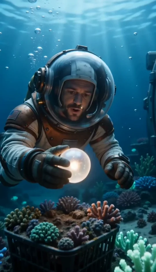 A fictional diver in an illuminated underwater habitat from an AI-generated studio concept film