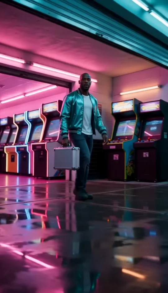 A fictional performer in a neon arcade from a studio concept film