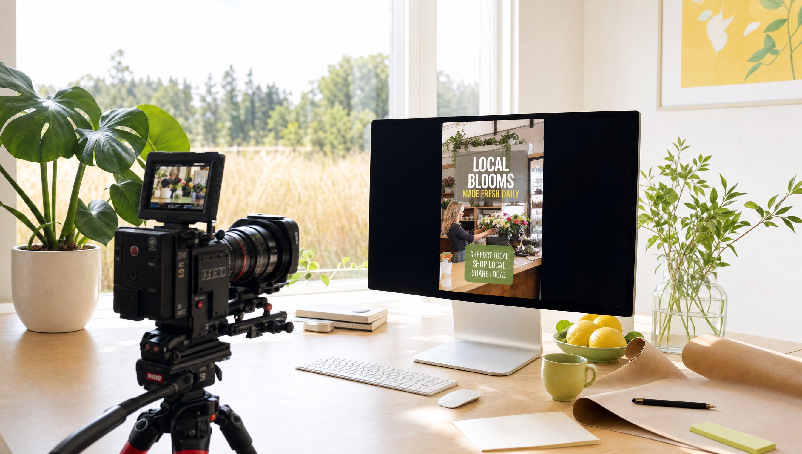Commercial video concept on a sunlit studio desk